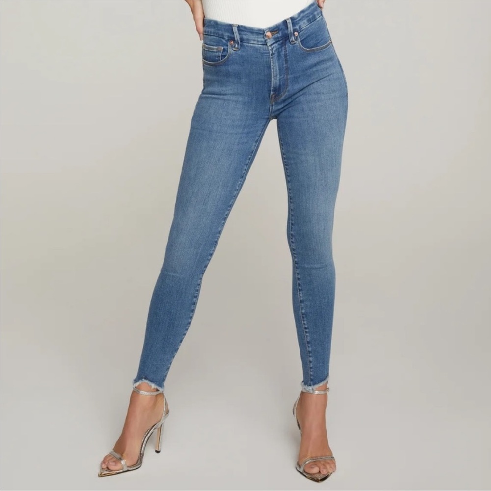 Good American Good Legs Skinny Jeans High Rise Frayed Hem Medium Wash-16